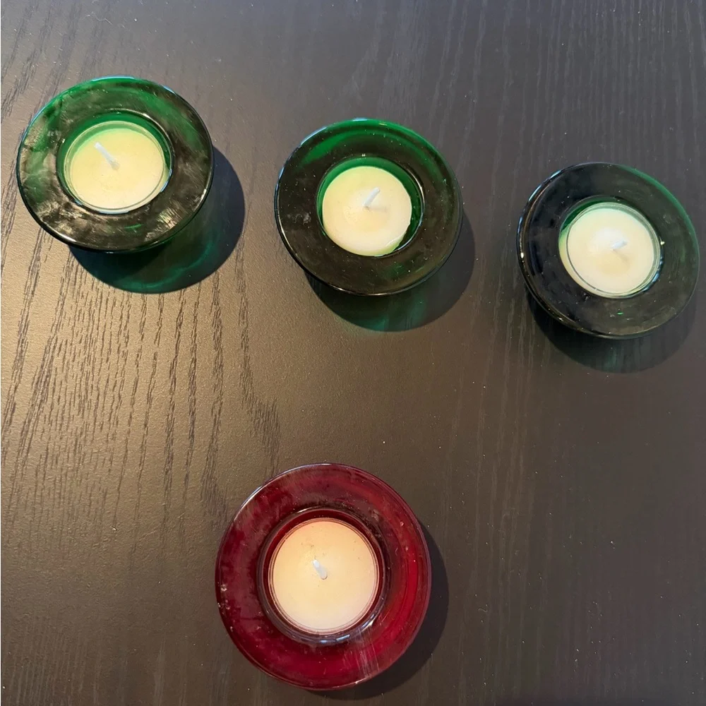 Crate&Barrel Green and Red Glow Glass Tealight Holders